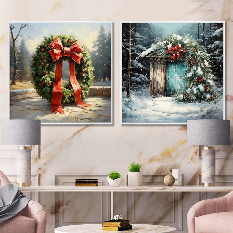 Green Christmas Wreath - Ensemble de 2 impressions sur toile, Cadre blanc, H 16 po x l 33 po x P 1 po