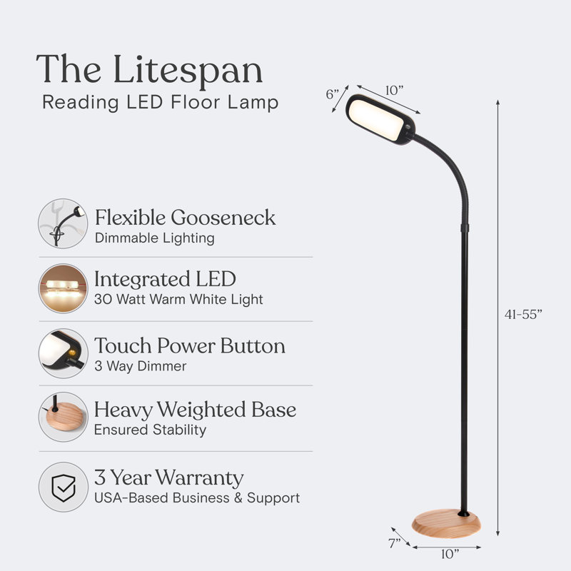 Lampe de travail directionnelle à DEL à intensité variable de 55 po avec finition noire et base en bois Litespan, Bois