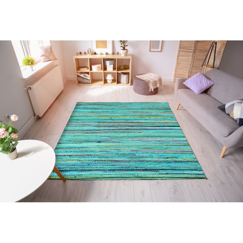 Tapis bleu abstrait en coton fait à la main Dhurrie, Rectangle 5 pi x 8 pi