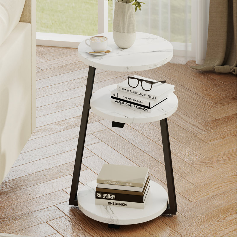 Small Round Side Table With 3-Tier Storage - White Black End Table, Sturdy Metal Frame Nightstand, Compact Couch Table For Bedroom Living Room
