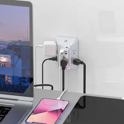 3 Sided Outlet Extender With Night Light, 5 Outlets & 4 Usb Ports (2 Usb C), Wall Charger For Home, Office, Travel