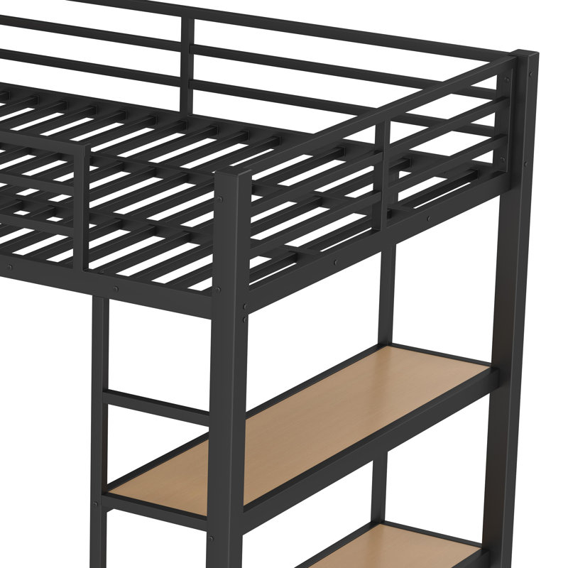 Black Metal Full Size Loft Bed With Pegboard And Shelves, Full