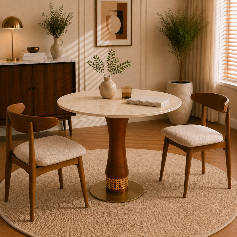 Table de salle à manger ronde de 85 cm (33,5 po) en pierre frittée et pieds en bois d'hévéa, piétement design en bois d'hévéa avec accents en osier tressé à la main et base en acier inoxydable pour cuisine, appartement et bistrot
