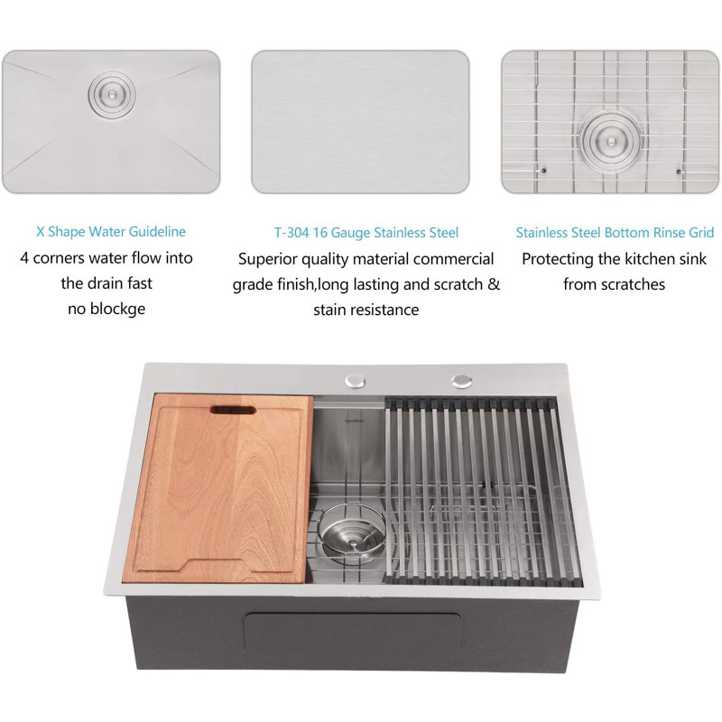 Workstation Farmhouse Right Angle Drop-In Kitchen Sink With Accessories, 33" L x 22" W