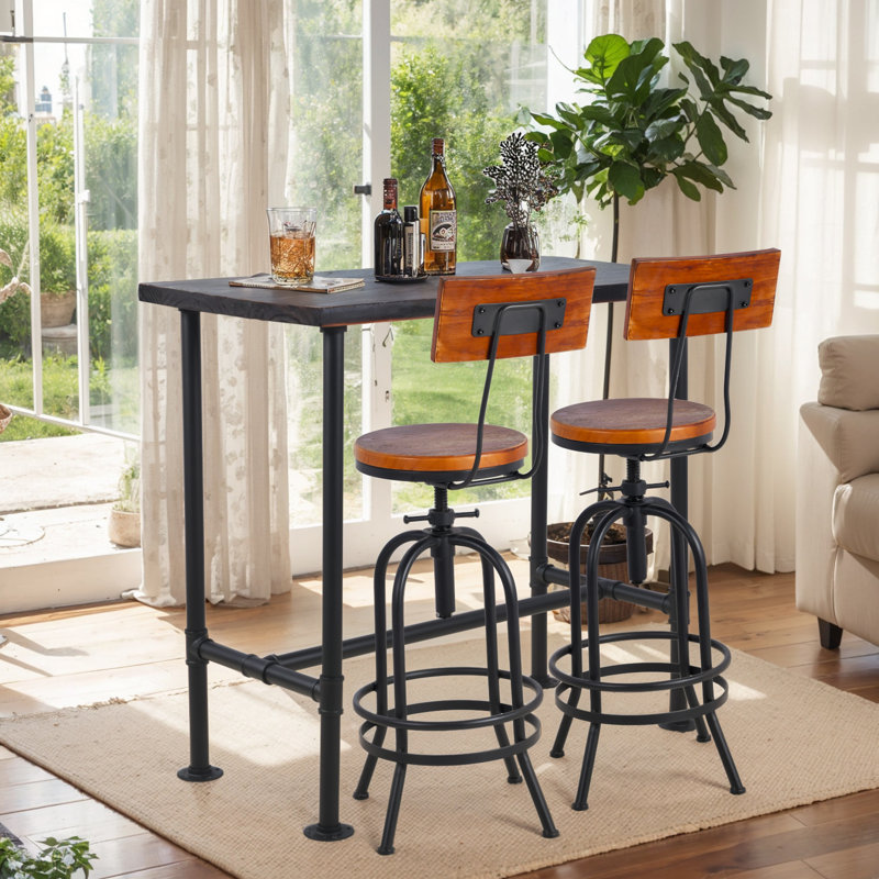 SET OF 3,Industrial Bar Table Set With Swivel Bar Stools - Rustic Pub Height Table And Chairs For Kitchen, Dining Room, Small Space, Home Bar - Wooden Top And Metal Frame