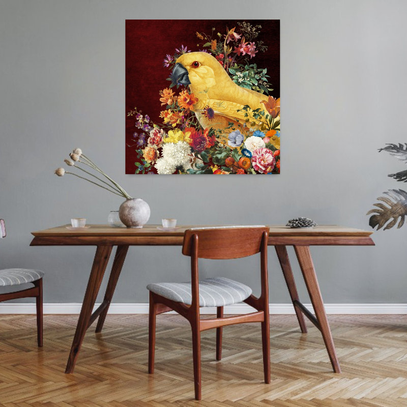 Golden Parrot Bloom Classic Colorful Elegant Bird Fruit Nature Wall Art Print by Marja Van Den - Wrapped Canvas Print