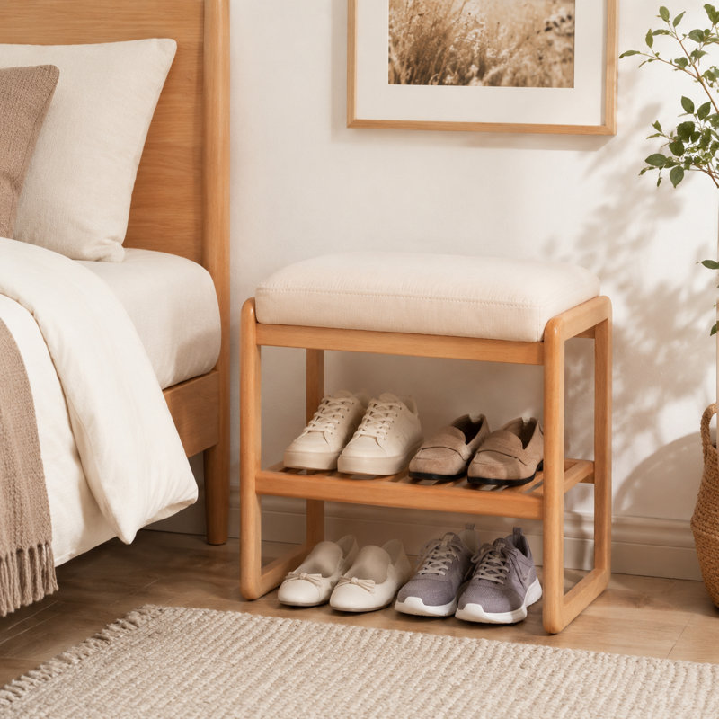 Banc de rangement pour chaussures en bois massif naturel, organisateur en bois de hêtre avec coussin éponge haute résilience