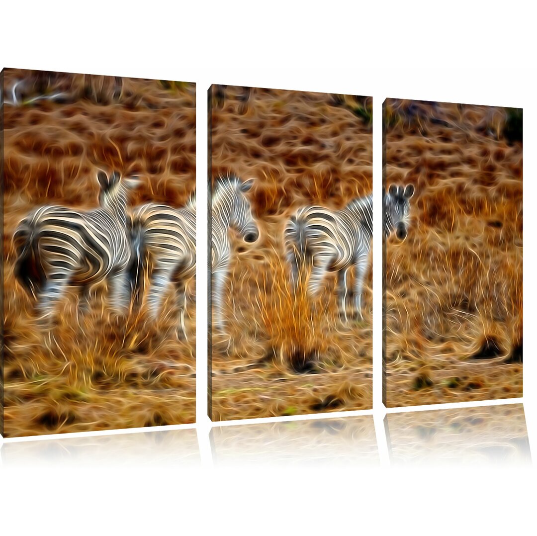 3-tlg. Leinwandbilder-Set „Zebraherde im Wildgras“, Grafikdruck