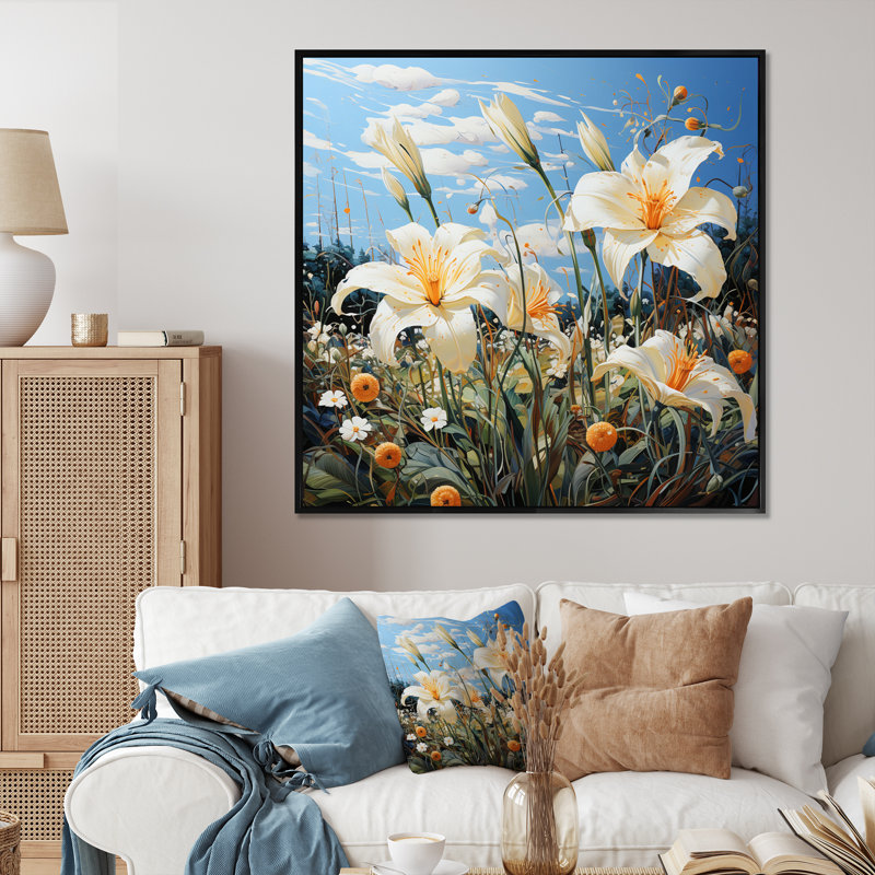 Blanc, vert, lys, rêves - impression, Cadre flottant noir, H 30 po x l 30 po x P 1 po