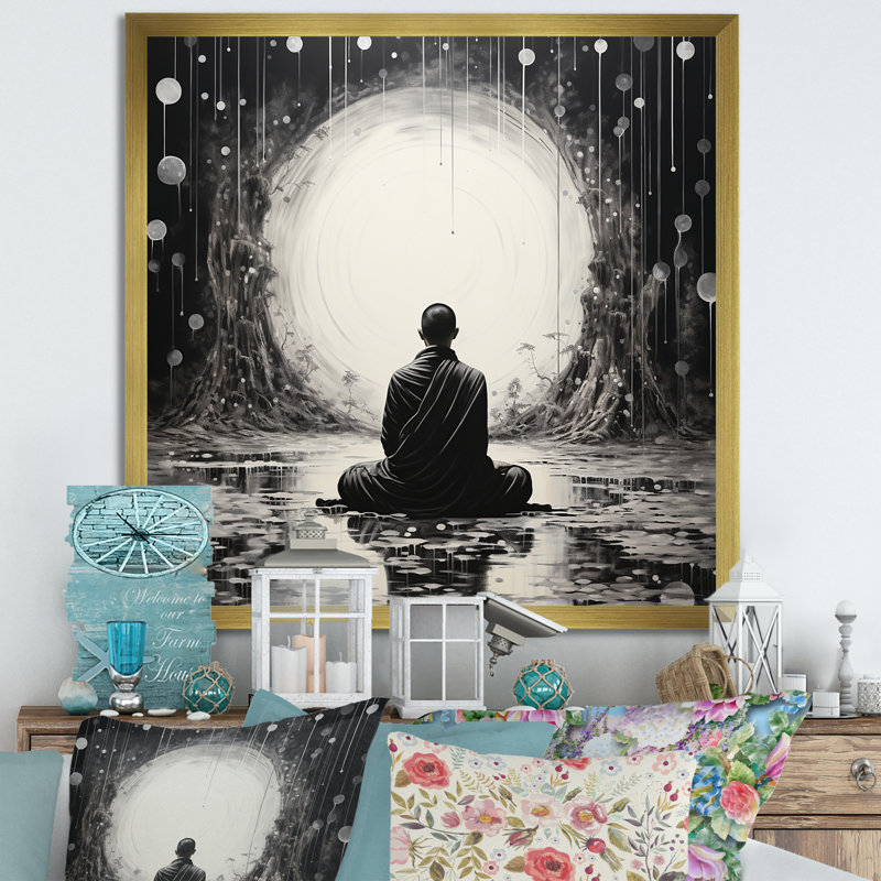 Statue de bouddhisme zen sur toile, Cadre doré simple, H 36 po x l 36 po x P 1,5 po