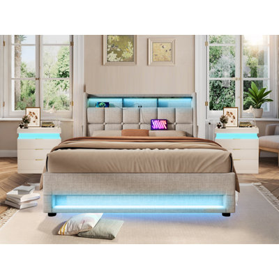 3-Piece Bedroom Set ,Upholstered Platform Bed With A Hydraulic Storage System , LED ,USB Charging And 2 LED Nightstand by Wrought Studio