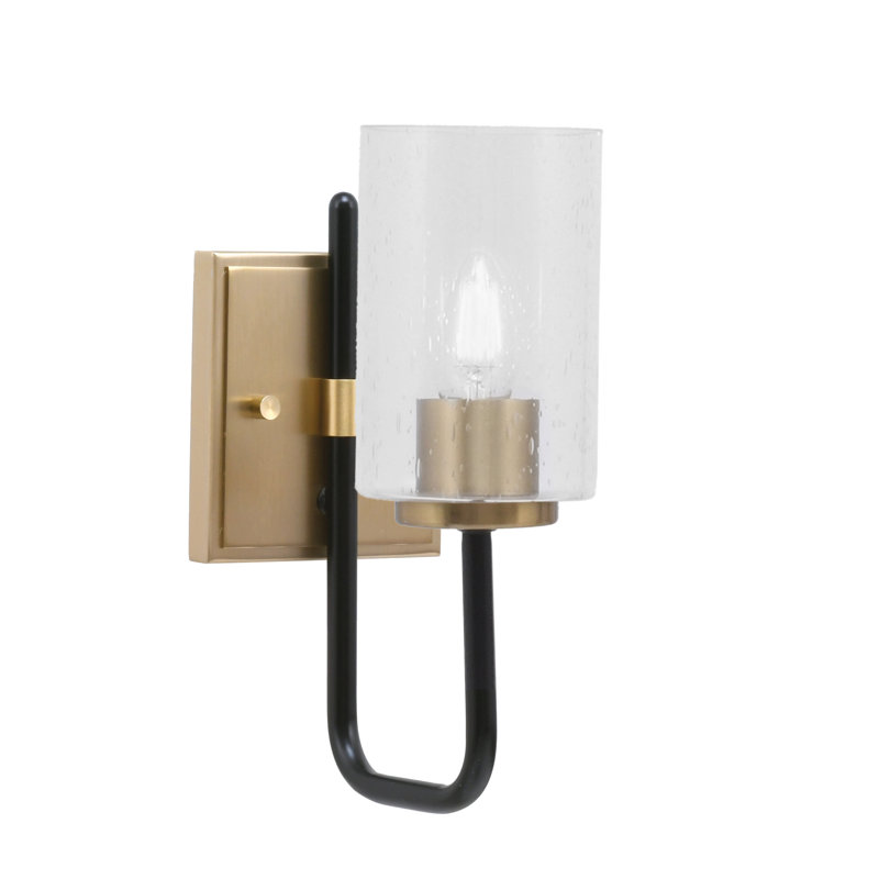 Applique murale 1 lumière Amarmula, noir mat et laiton vieilli, verre bullé transparent de 4 po, Clair, Noir/laiton