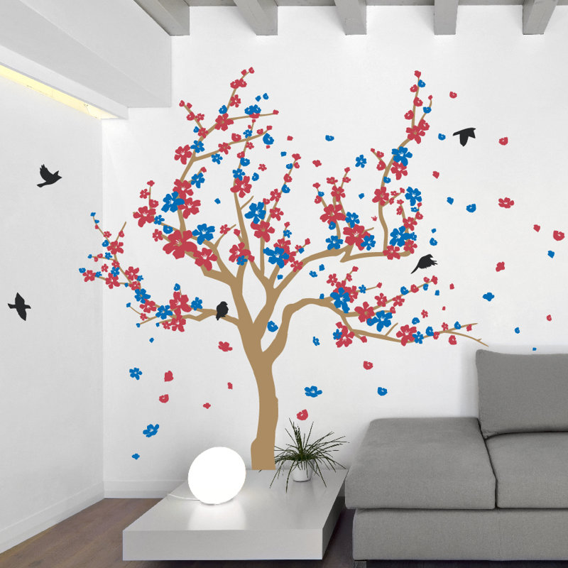 Adhésif décoratif cerisier japonais, H 38 x l 59 po x P 0,01 po, Brun clair / rouge / bleu