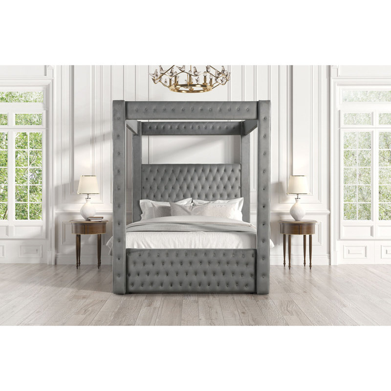 Lit à baldaquin 1Pc Est très grand lit à baldaquin entièrement rembourré gris