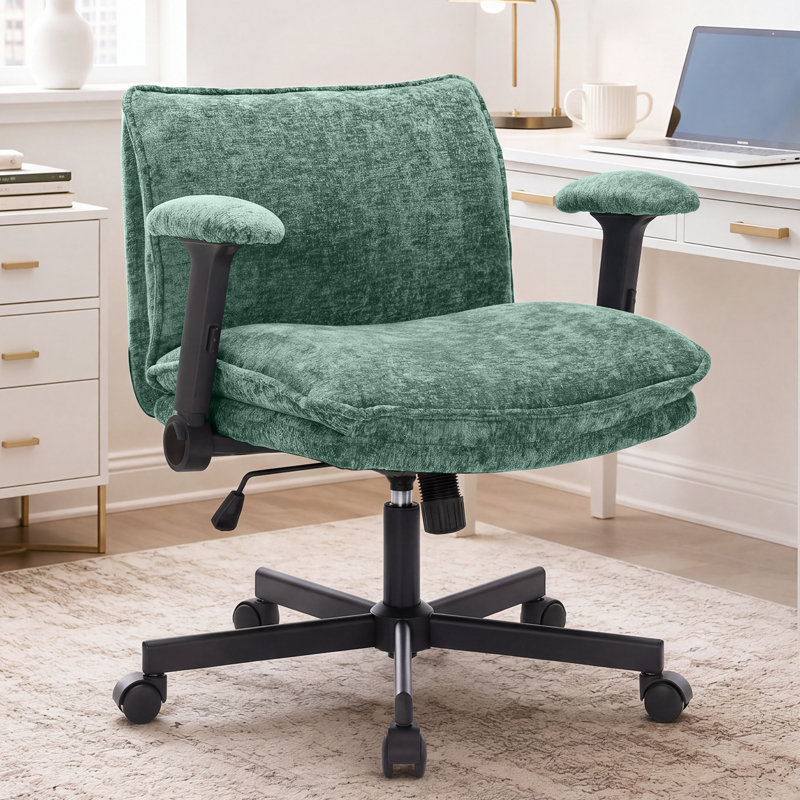 Fauteuil de bureau croisé en velours de 26 po de largeur avec roulettes, fauteuil de bureau à pieds croisés avec accoudoirs réglables en hauteur, support lombaire, fauteuil de coiffeuse pivotant pour bureau à domicile, chambre à coucher, bureau, 350 lb