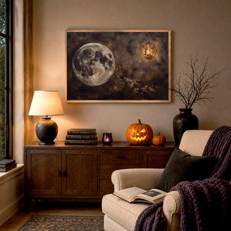 Art texturé sur toile, lune texturée et lanterne rougeoyante dans l'espace lointain, H 32 po x l 48 po