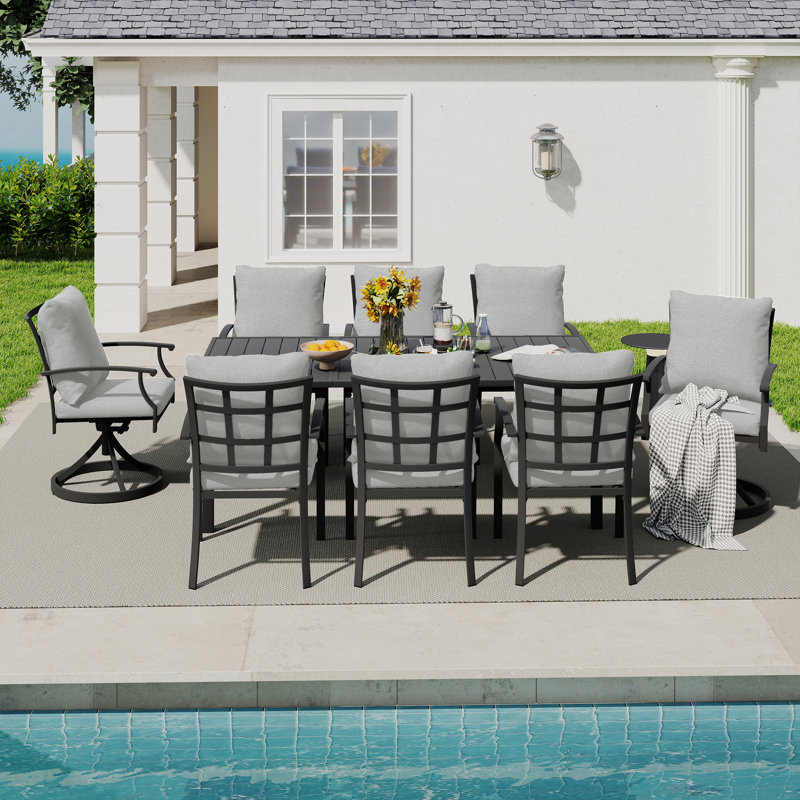 Maynard 9-Piece Black Metal Patio Dining Set With Rectangular Table, 2 Swivel Dining Chairs And Gray Cushions, Gray