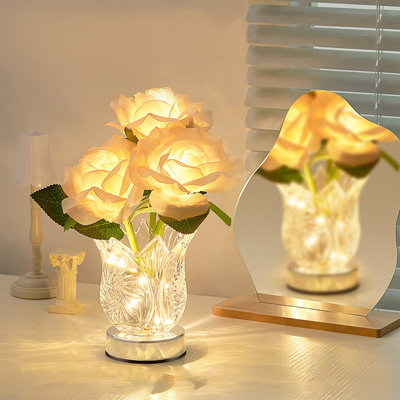 Rose Table Lamp, Flower Lamp, Battery Operated Rose Table Lamp, Artificial Flower Lamp with Glass Vase, Small Lamp for Bedroom Bedroom Living Room, Birthday Gif