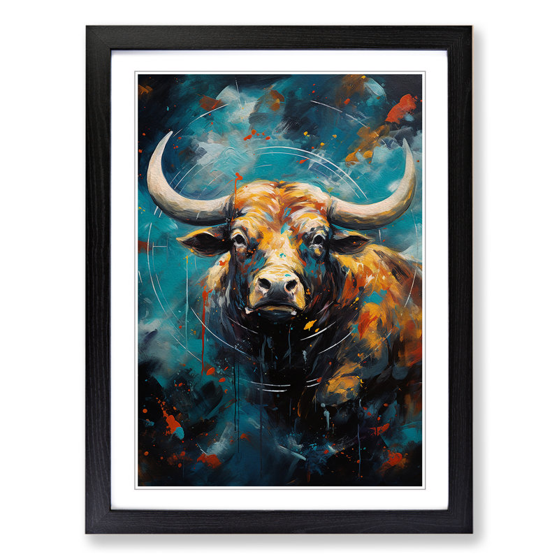 Taurus Zodiac Action Painting No.2 - Single Picture Frame Print on Wood, 34cm H x 25cm W x 2cm D, Black