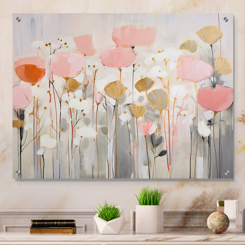 «Pink Blossoming Garden», art mural acrylique abstrait, H 12 po x l 20 po