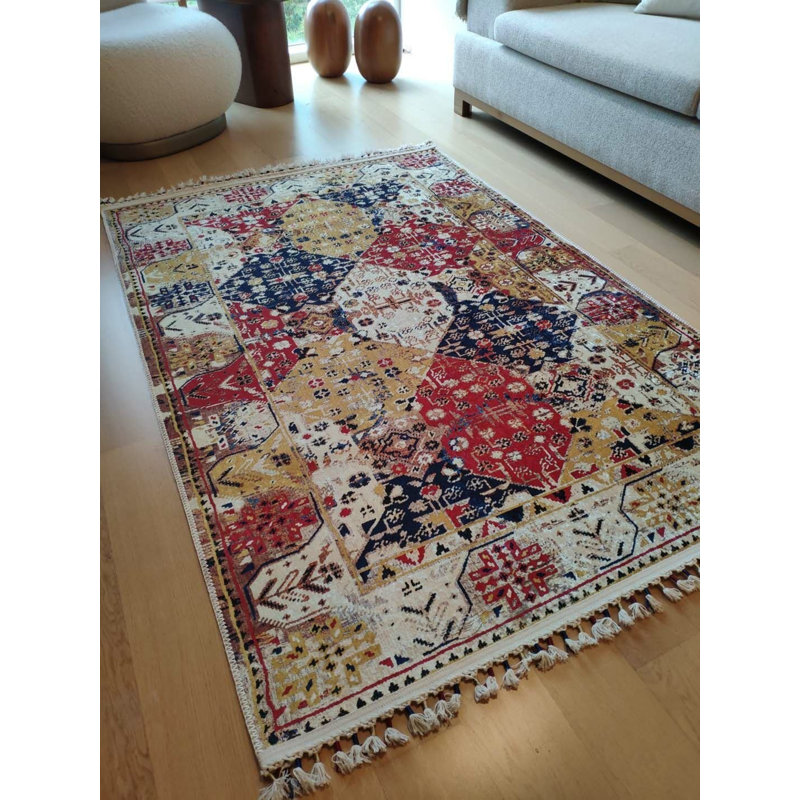 Coton imprimé marocain rouge Toscana; Tapis chenille antidérapant, Rectangle 3 pi 11 po x 5 pi 11 po