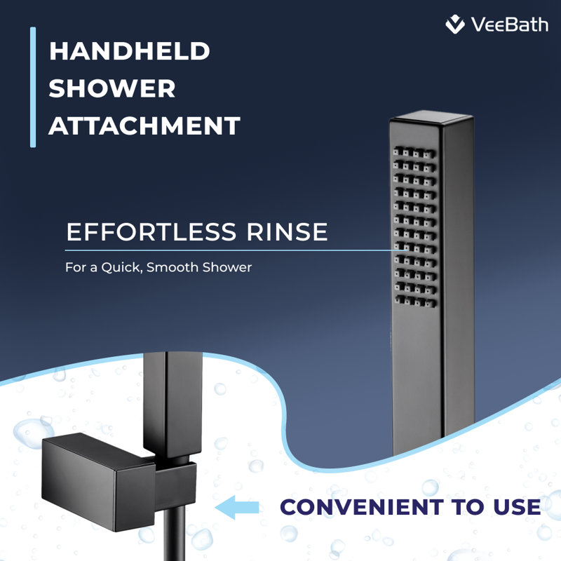 VeeBath Lunar Soft Square Bath Shower Mixer Tap with Kit, Matte Black
