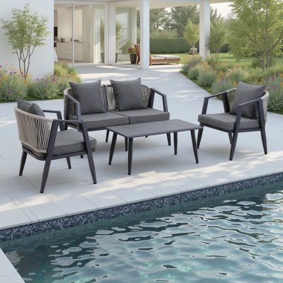 Modern 4-Piece Outdoor Patio Conversation Set With 2 Cushioned Chairs, 1 Loveseat & 1 Coffee Table
