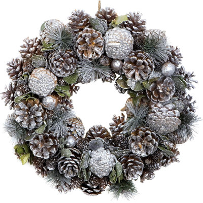 Christmas Hanging Wreath Small - Festive Silver Display with Pine Cones