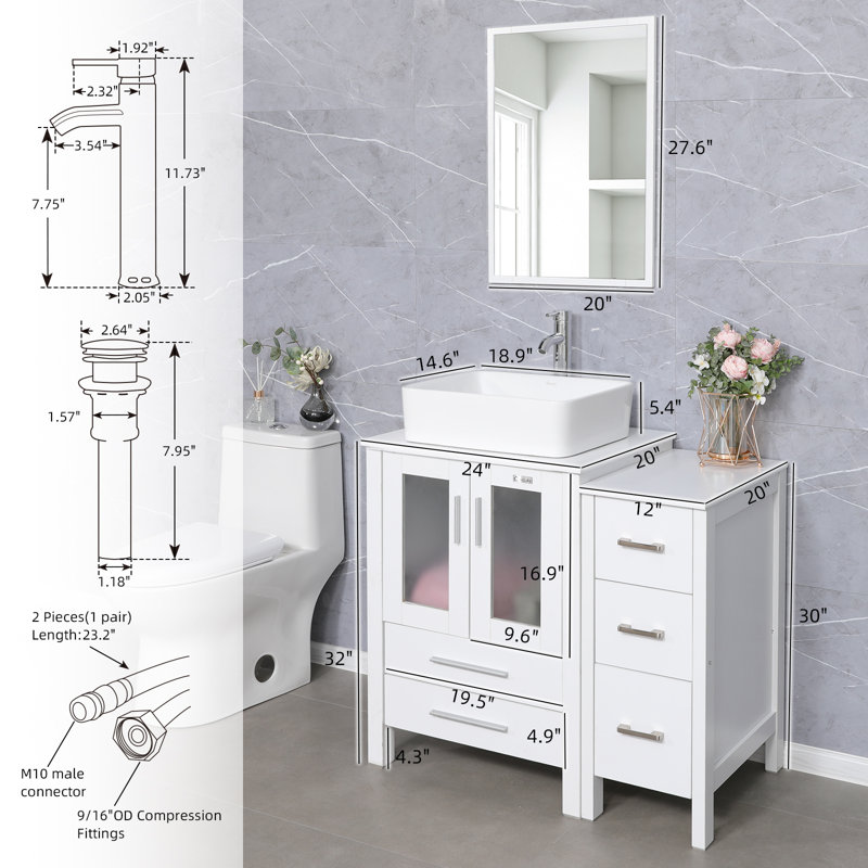 Camlin 36" Single Bathroom Vanity Set with Manufactured Wood Top, Vessel Sink,  Faucet, Drain, White, White