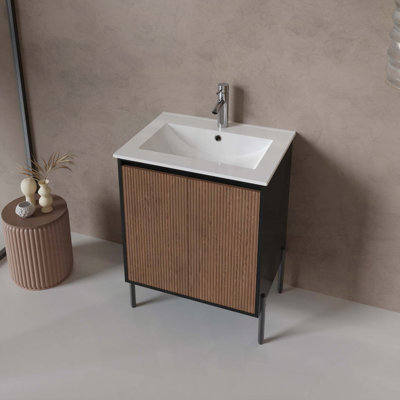 Meuble-lavabo sur pied ou mural avec lavabo et bonde escamotable, pieds réglables en hauteur, portes à fermeture douce et tablette réglable, noyer et noir