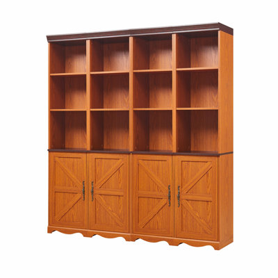 Armoire de rangement combinée 4-en-1, bibliothèque en panneau de fibres à densité moyenne à grain de bois 3D, casiers de présentation ouverts et armoires fermées avec tablette réglable, bibliothèque à combinaison libre pour le bureau d'étude de salon