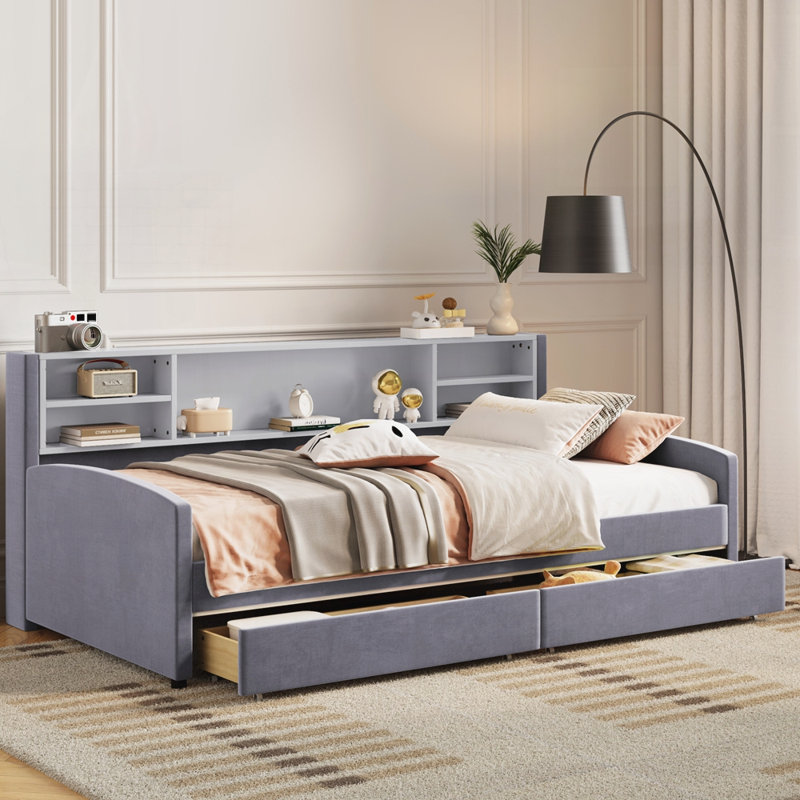 Lit plateforme tapissier avec rangement et tiroirs, gris