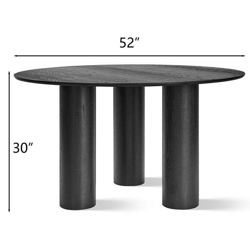 52" Round Solid Oak Wood Dining Table with 3 Sculptural Pillar Legs, Black
