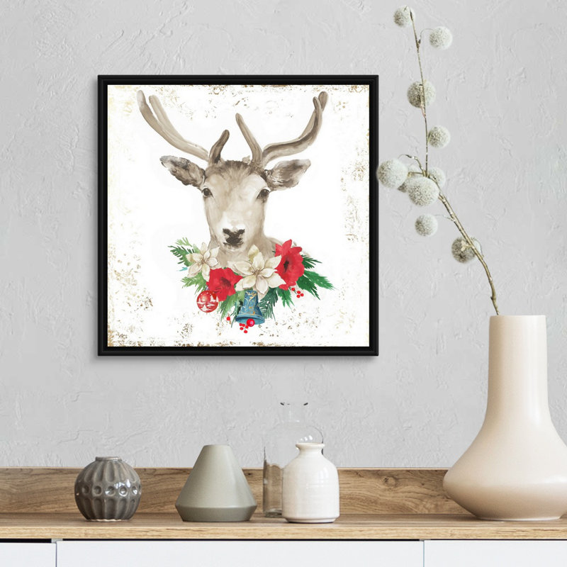 Cerf de Noël-reproduction d’art sur toile, Cadre noir, H 18 po x l 18 po x P 1,75 po