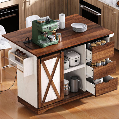 - Îlot de cuisine de style 55,5 po, abattant, étagère à épices, tiroirs de rangement et tablettes d'organisation de salle à manger,