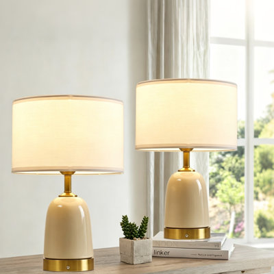 White Rechargeable Cordless Ceramic Table Lamp with Removable Fabric Shade for Bedroom and Living Room Set of 2