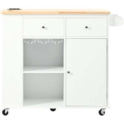 Kitchen Island With Power Outlet, Adjustable Storage, 5 Wheels, Drop Leaf, White Socket, Movable Leaf & Wine Storage Shelf Unit -
