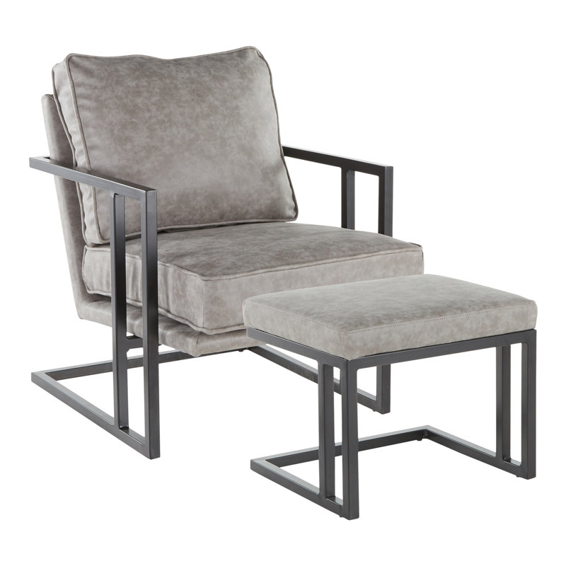 Montreal Faux Leather Accent Chair with Ottoman, Gray Faux Leather