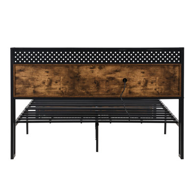Metal Platform Bed For Queen With Wooden Headboard And , Charging Location, 2 Drawer Cabinets, Led Lights, No Box Spring, Simple Assembly Ways Frame & Charging, Roomy Under Storage Drawers, , Easy To