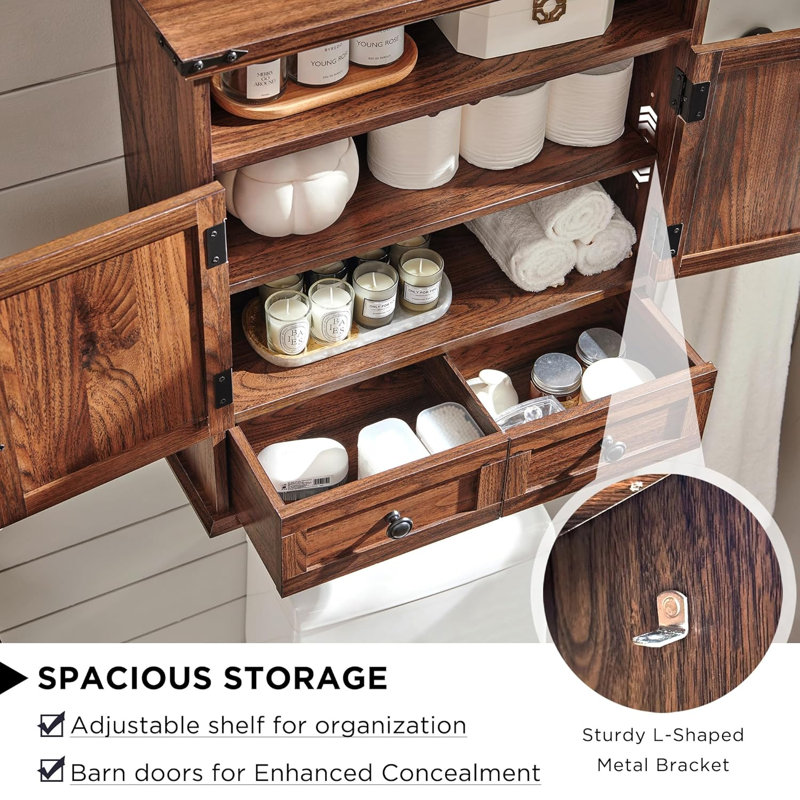 Bathroom Wall Cabinet with Barn Doors & Drawers, 5-Tier Storage, 25x24x8.7 Inch Adjustable Shelf for Kitchen Living Room