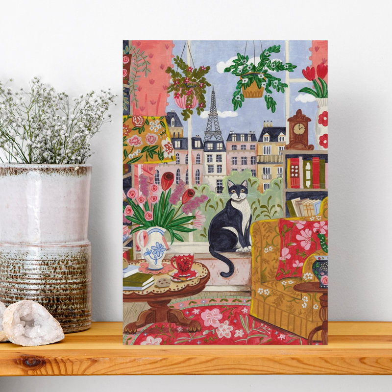 Cat In Front Of Window In Paris Bright Colours Colorful Elegant Vibrant Cat City Flower Wall Art Print 1 Piece Wrapped Canvas Wall Art