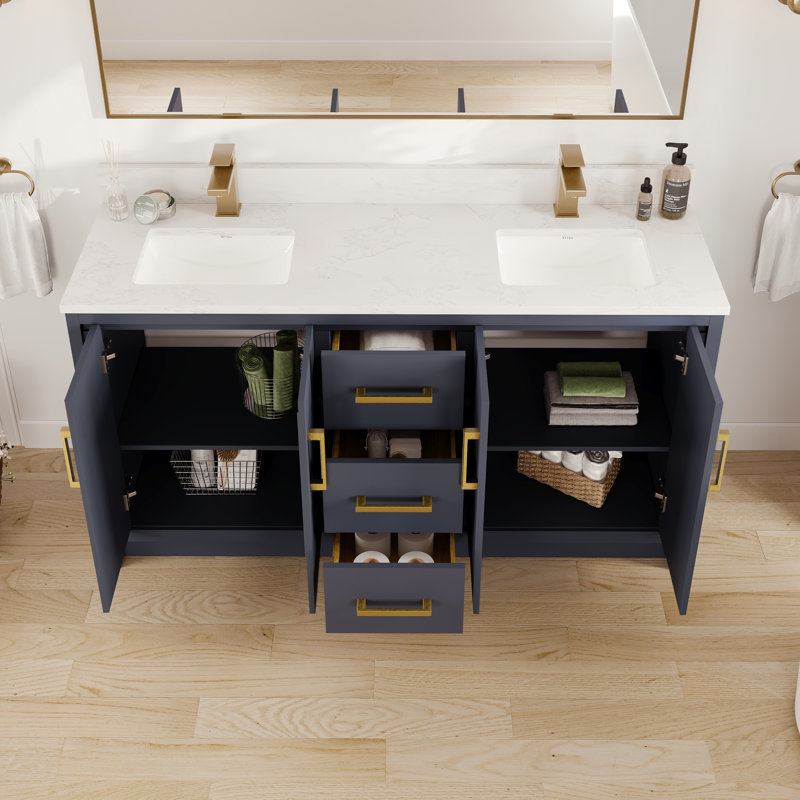Meuble-lavabo double l 60 po x P 18 po Ilsa avec comptoir en quartz de Carrare blanc et lavabos en porcelaine encastrable