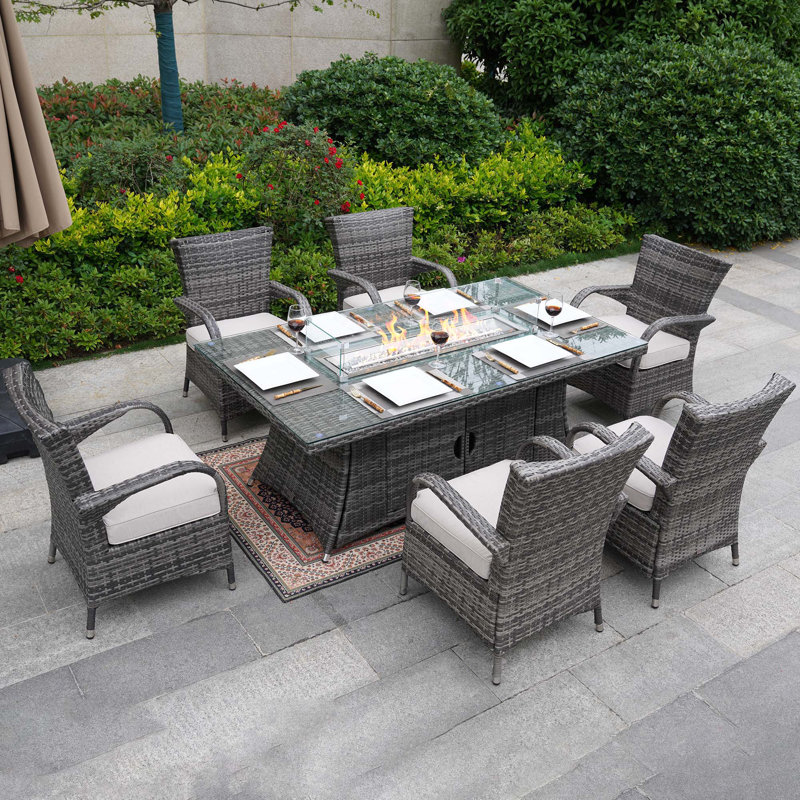 Ardala 6 - Person Wicker Patio Dining Set with Rectangular Table , Cushions Included, Gray