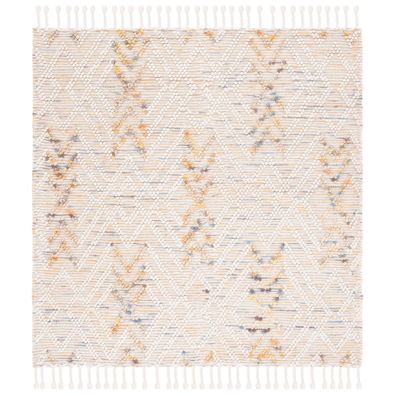 Holtsville Hand Loomed Wool/Jute/Cotton Geometric Rug in Orange/Ivory, Square 6'