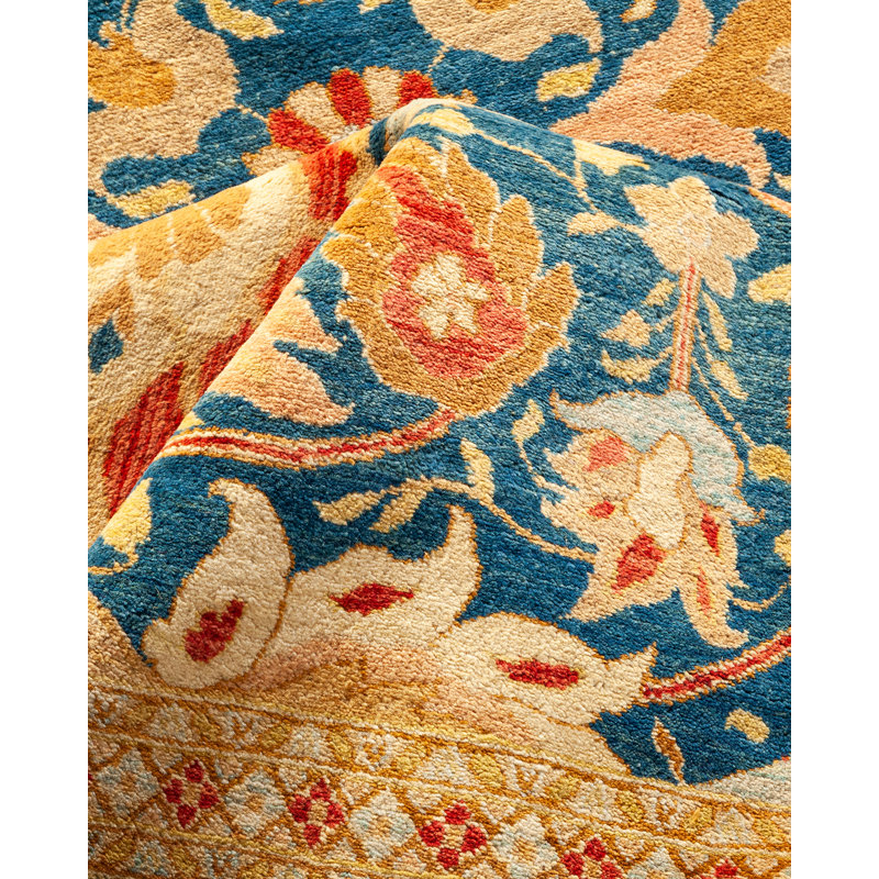 Tapis unique bleu / orange noué à la main de conception unique 7 pi 10 po x 10 pi 6 po Oakhur