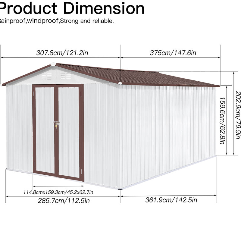 Remise de rangement en métal en métal 10X12 - Porte à charnière personnalisable pour installation extérieure facile 10 pi x 12 pi