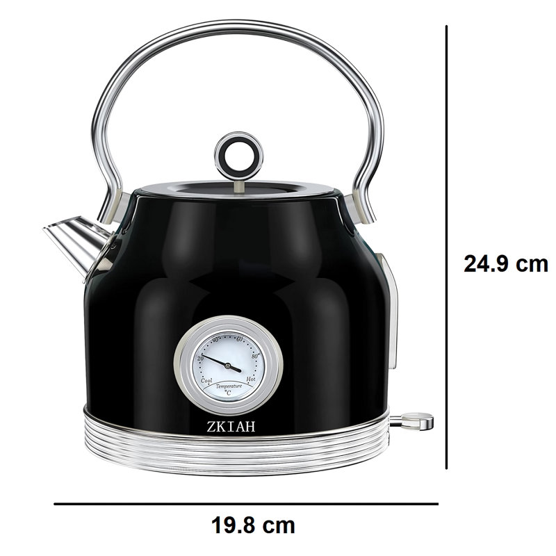 1.7l Retro Stainless Steel Electric Kettle With Thermometer, Limescale Filter, And Automatic Shut-off - Black