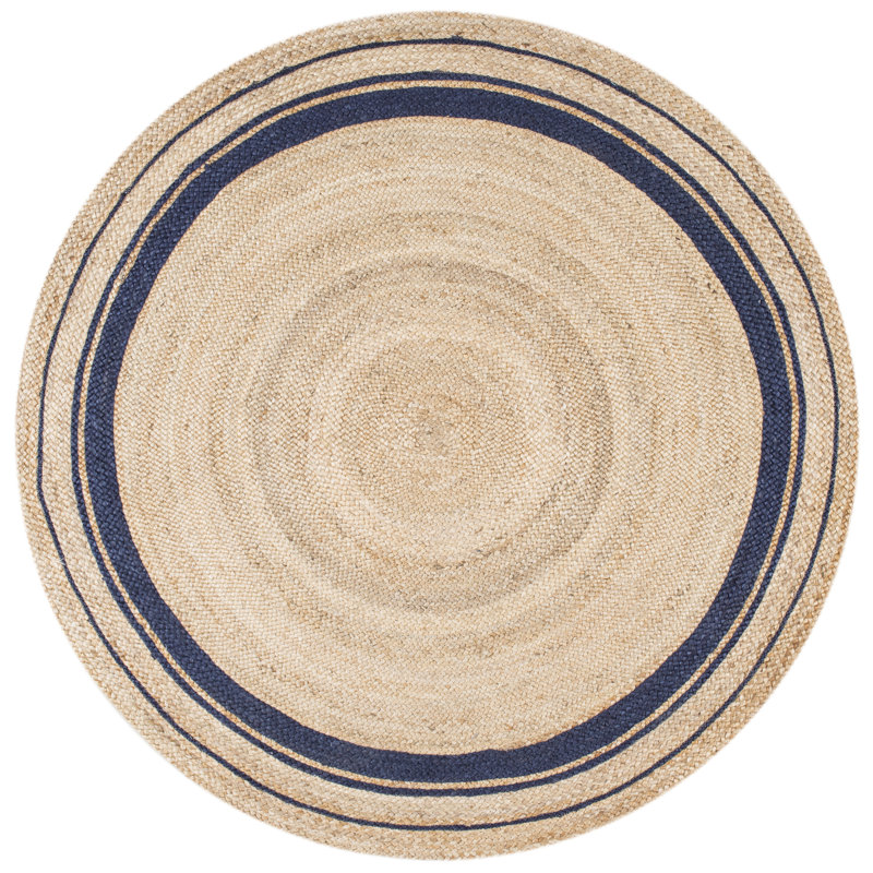 Speight Coastal Braided Power Loom Jute Brown/Navy Bordered Rug, Round 8'