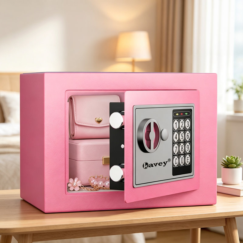 Electronic Safe Box with Key and Digital Keypad, Pink Security Lock Box, Small Home Safe 0.25 Cu Ft, Heavy Duty Solid Steel, Wall or Floor Mounted, for Money Jewelry Documents