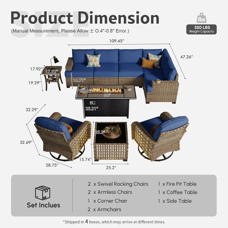7-Seat All-Weather Outdoor Wicker Patio Conversation Furniture Set With Expandable Fire Pit Table, Navy